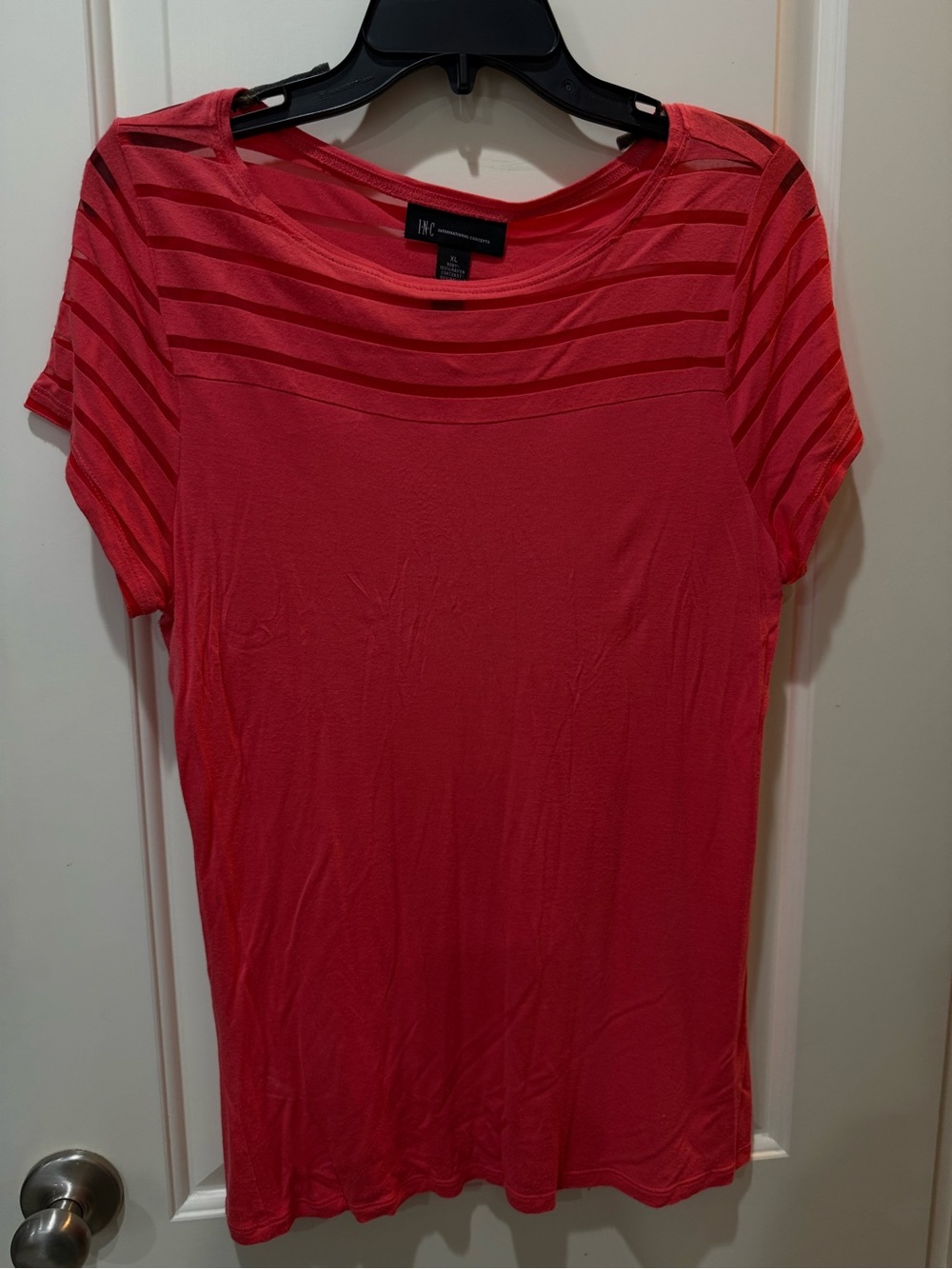 INC International Concepts Coral Pink Striped Yoke Short Sleeve Top